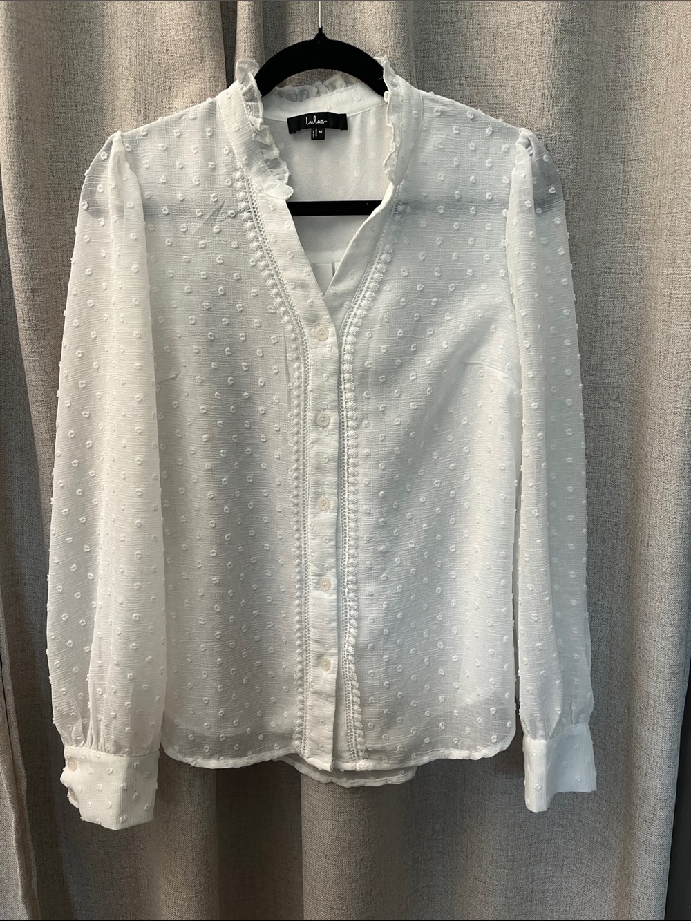 Lulu's White Swiss Dot Ruffle-Trim Button Blouse